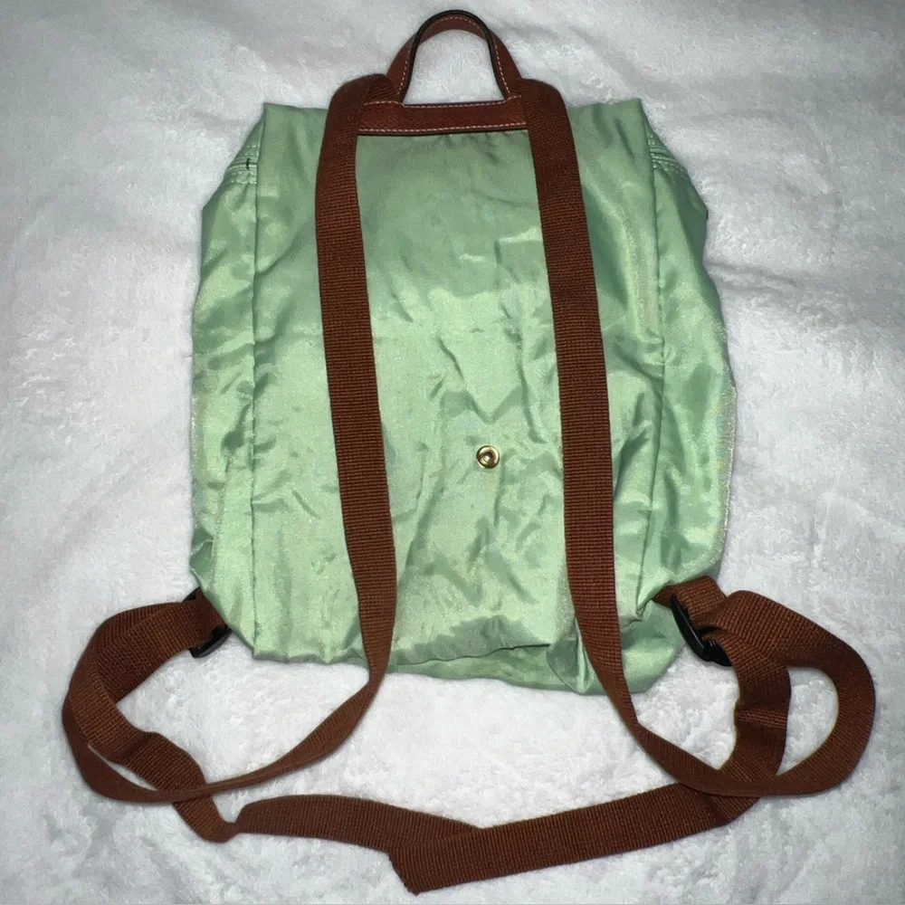 Longchamp Le Pliage Original Foldable Backpack Pretty Green with Brown Leather - Picture 13 of 16